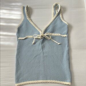 Djerf Avenue Light Blue Knit Tie-Front Camisole with Cream Trim